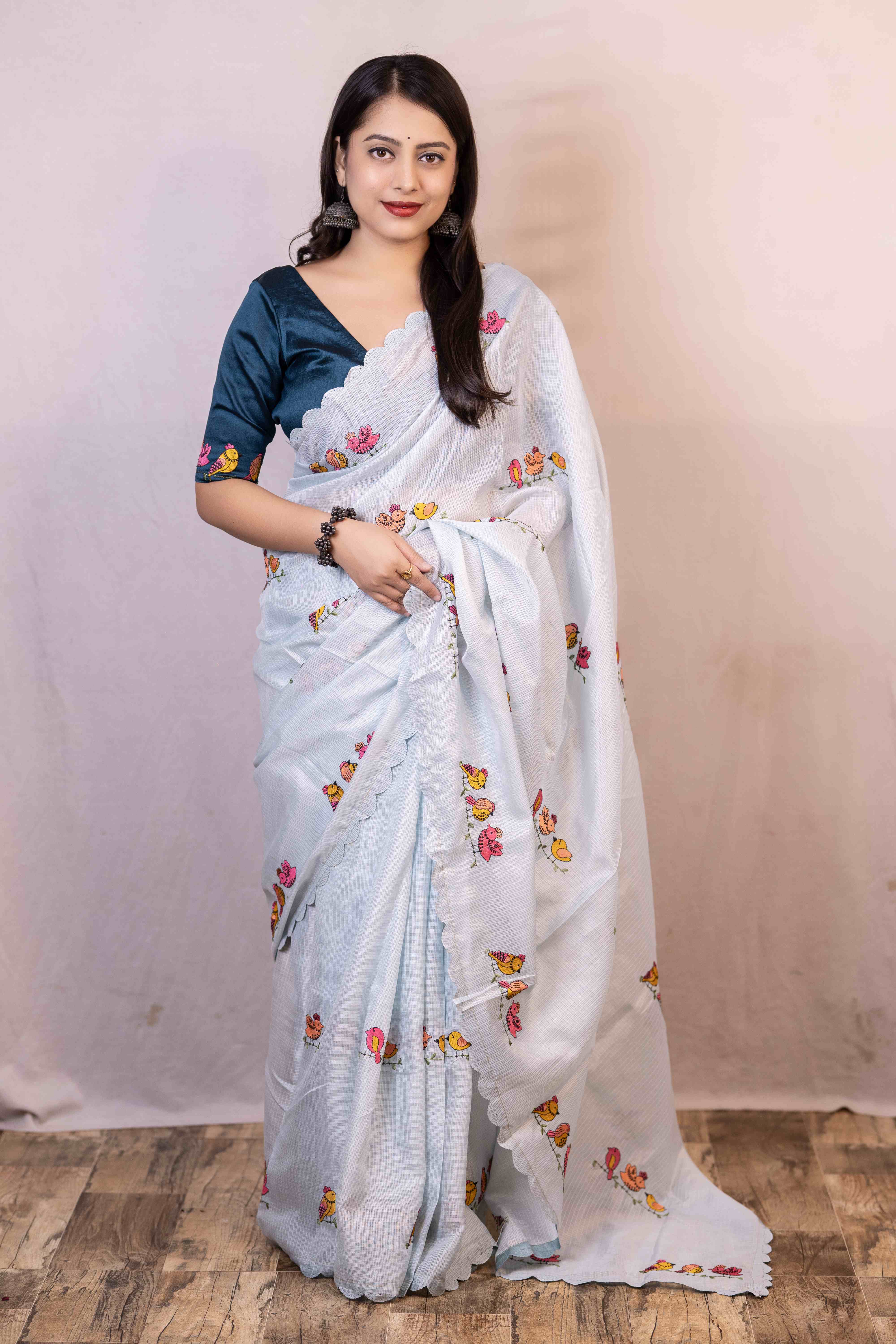 Women's Blue Jute Cotton Embroidery Saree - Stava Creation