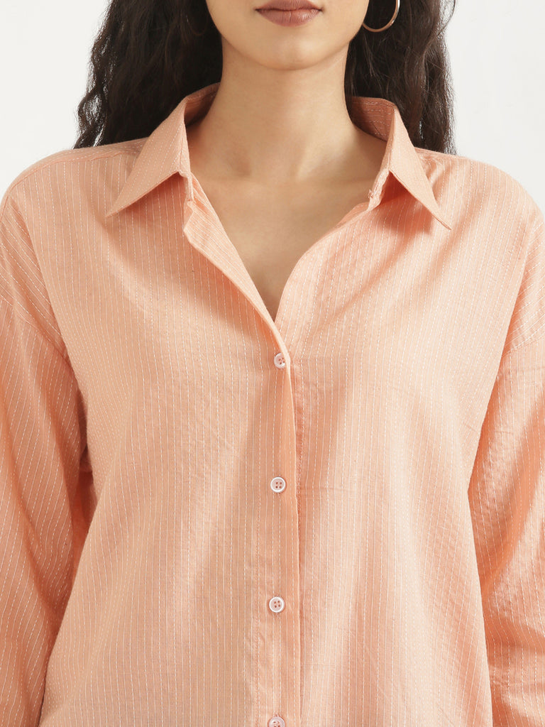 Women's Airy Linen Textured Casual Oversize Peach Shirt