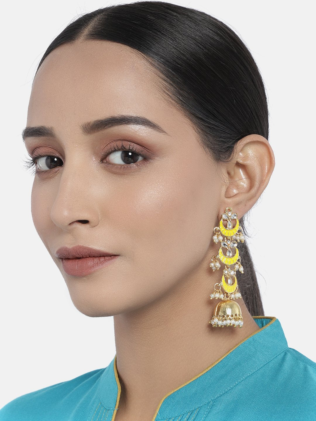 Women's  Gold Plated 3 Layered Long Jhumki Earrings With Yellow Enamel Glided With Kundans & Pearls