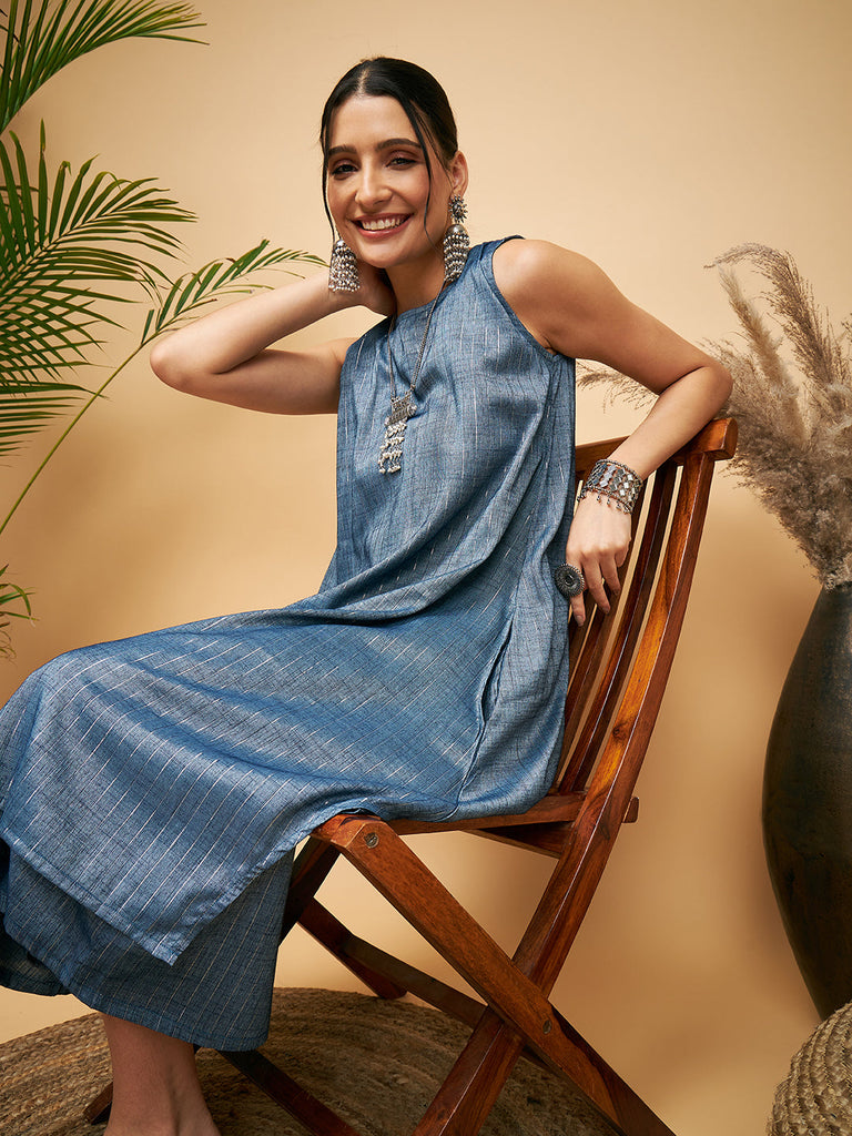 Women's Blue Lurex Short Pallazo Kurta Set