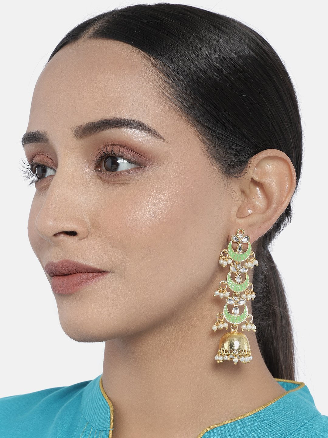 Women's Gold Plated 3 Layered Long Jhumki Earrings With Mint Enamel Glided