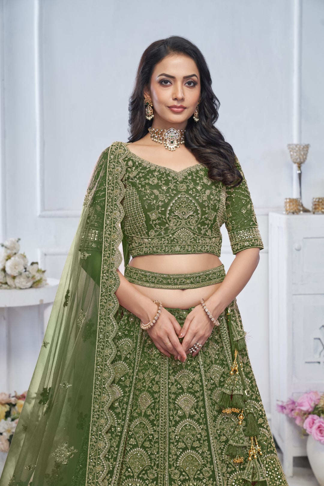 Women's Green Soft Net Motifs Lehenga Set - Kesar Fab