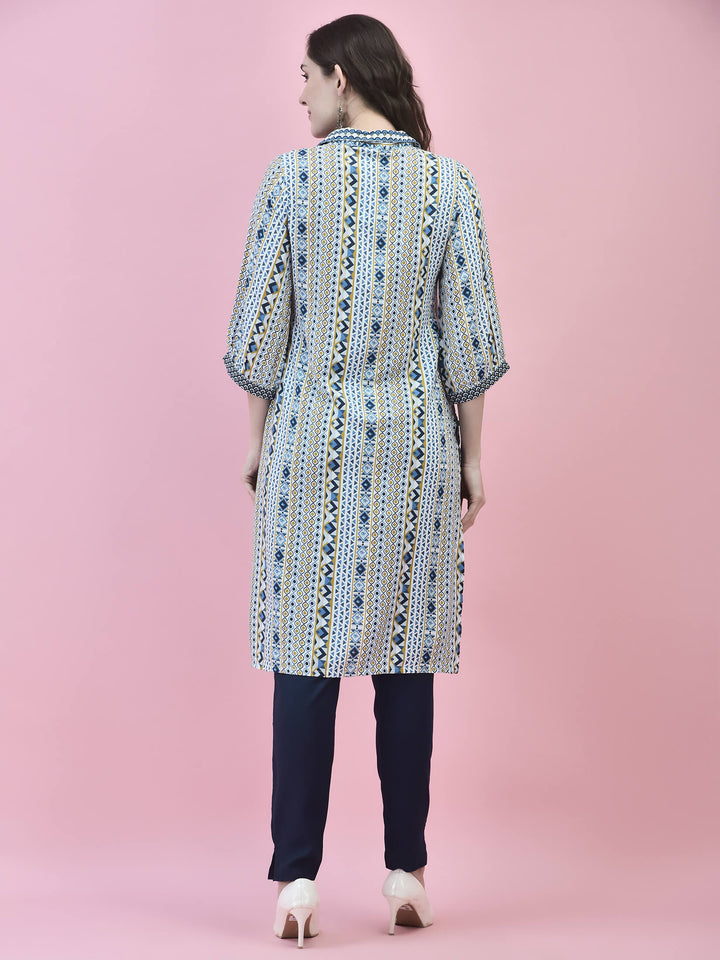 Women's Liva (Rayon) White Geometric Print Kurta