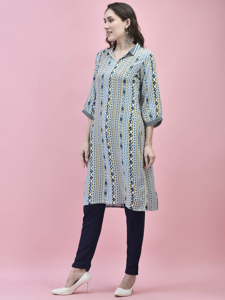 Women's Liva (Rayon) White Geometric Print Kurta