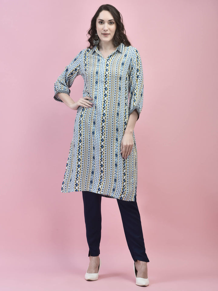 Women's Liva (Rayon) White Geometric Print Kurta