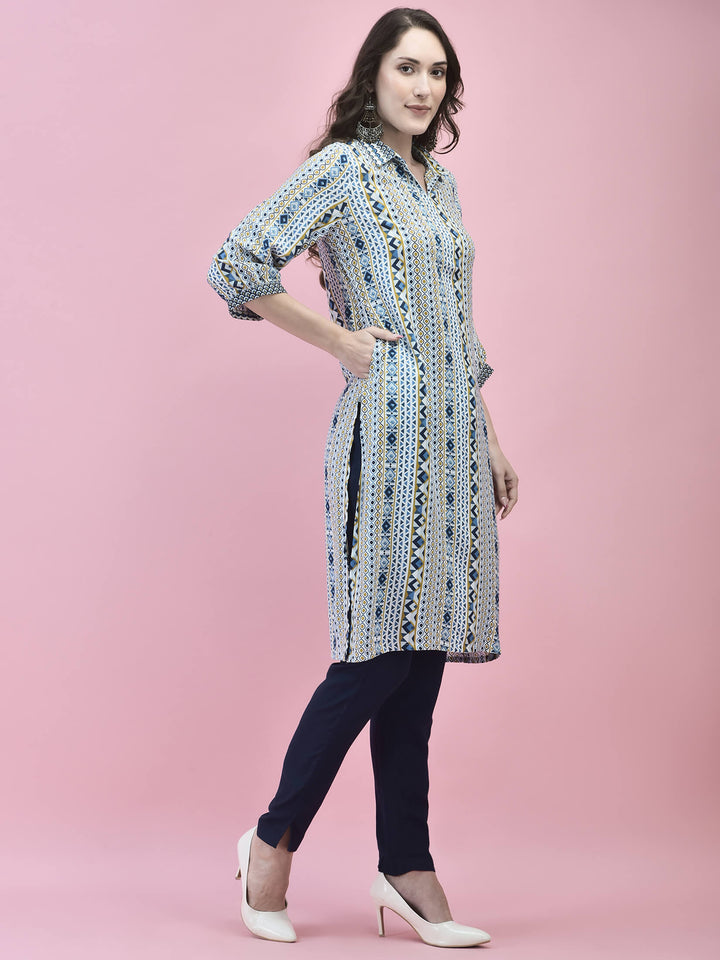 Women's Liva (Rayon) White Geometric Print Kurta