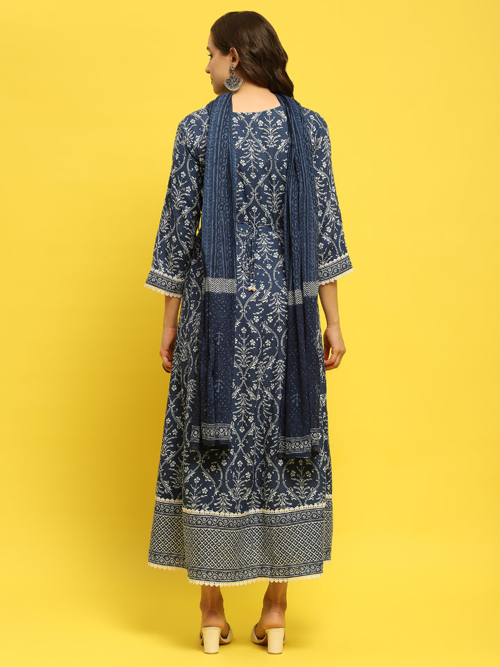 Women's Liva (Rayon) Indigo Floral Print Dress With Dupatta