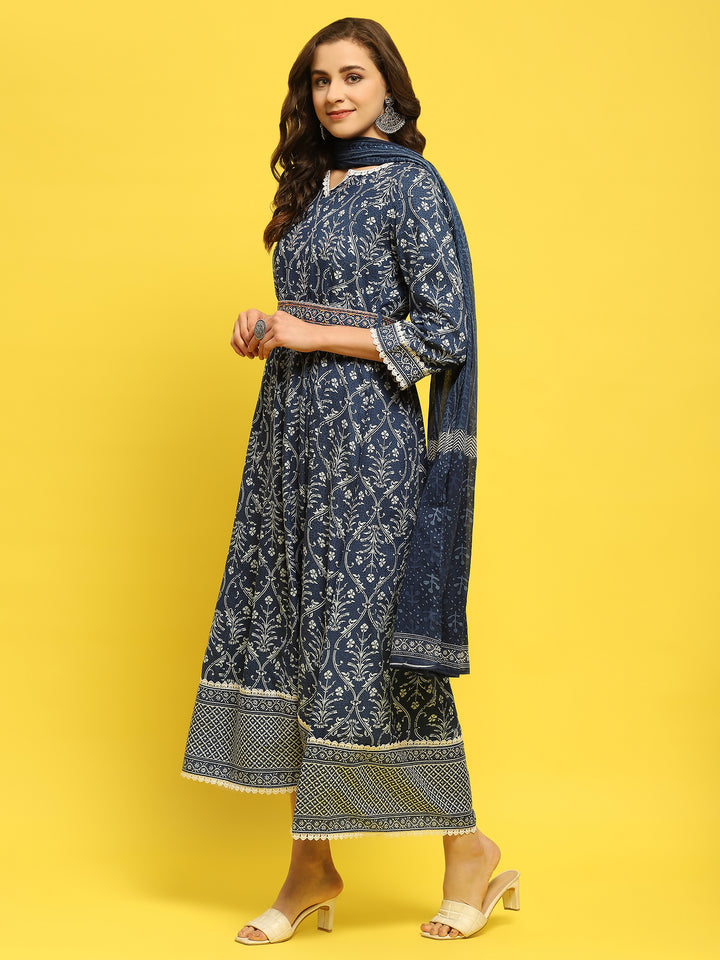 Women's Liva (Rayon) Indigo Floral Print Dress With Dupatta