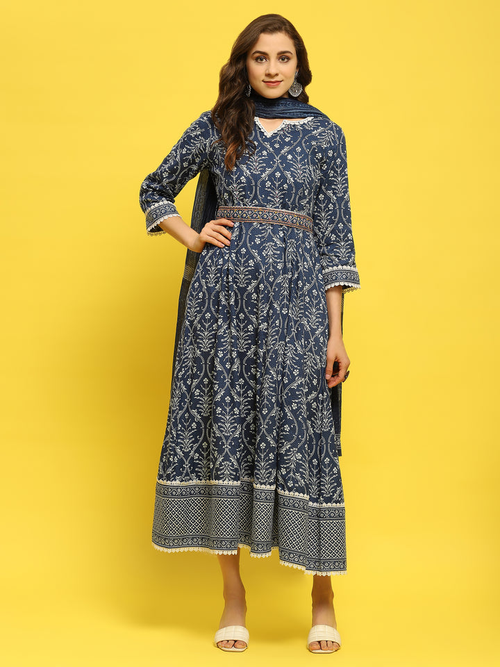 Women's Liva (Rayon) Indigo Floral Print Dress With Dupatta