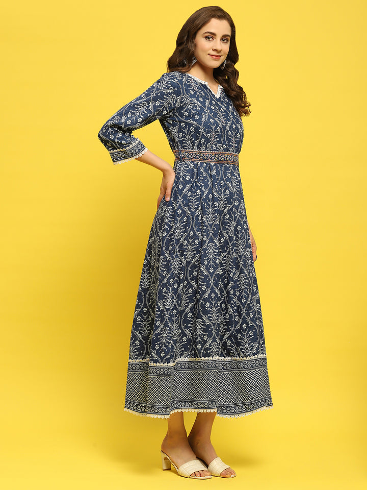 Women's Liva (Rayon) Indigo Floral Print Dress With Dupatta