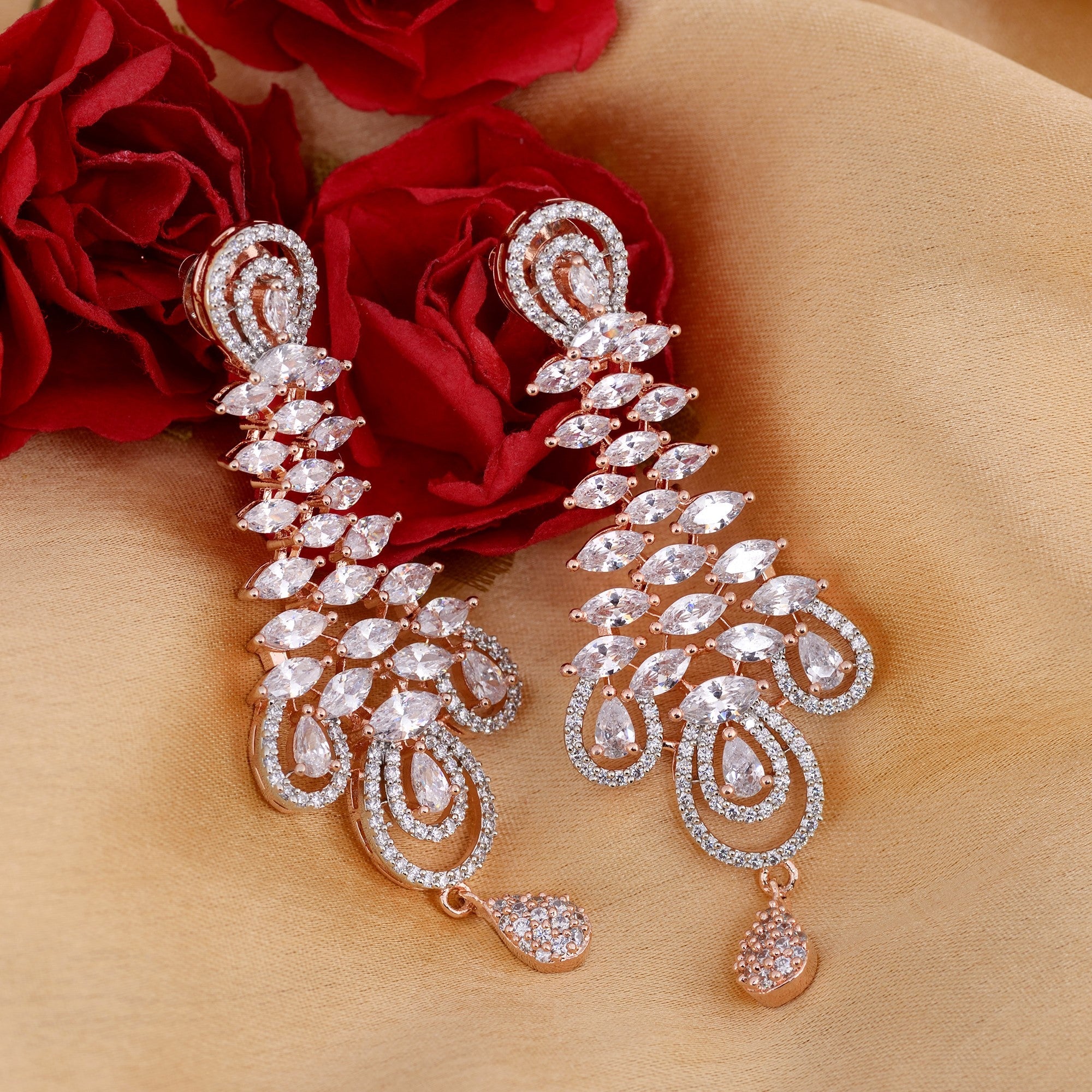 Stunning Rose Gold Plated American Diamond Studded Earrings for Women and Girls