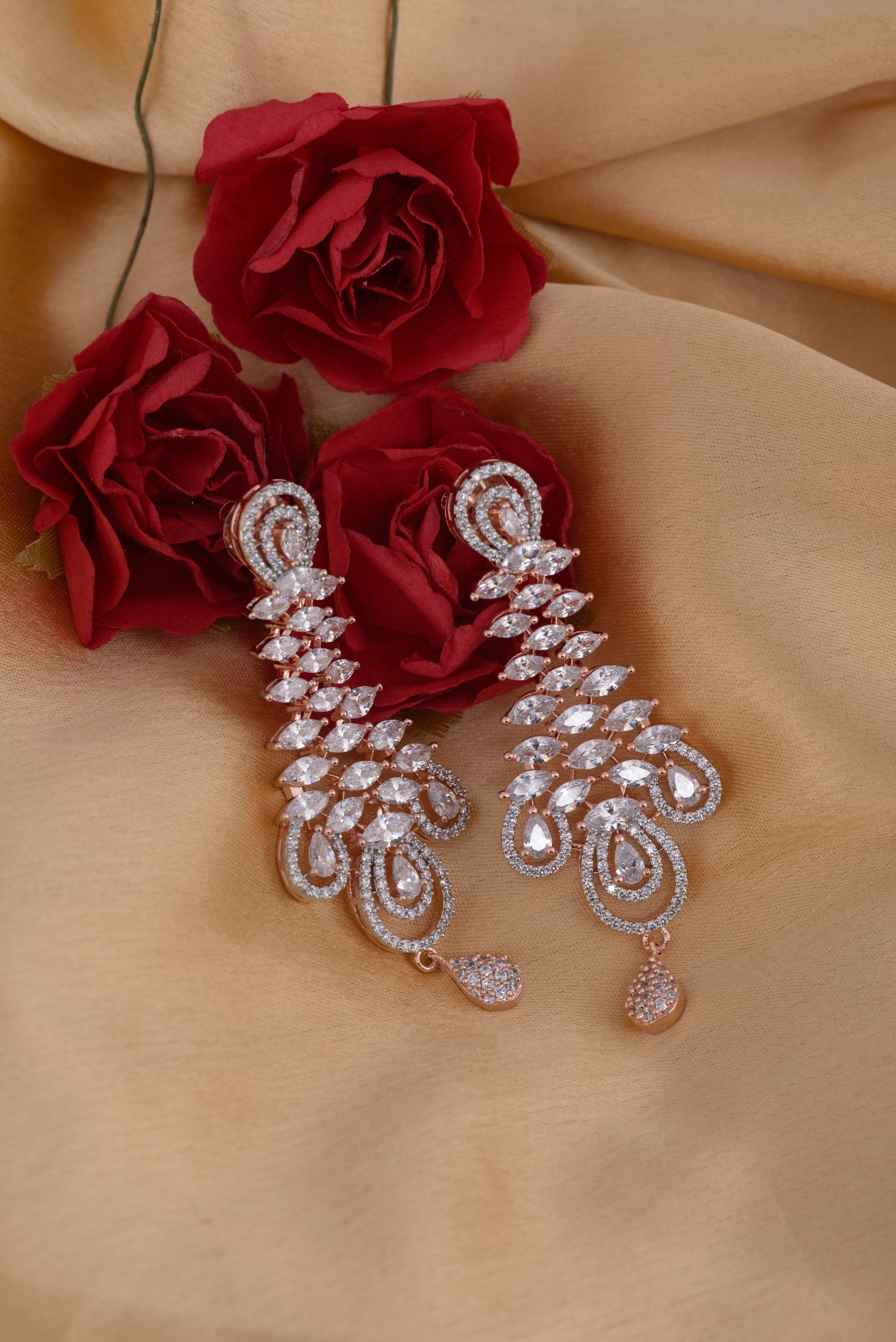 Stunning Rose Gold Plated American Diamond Studded Earrings for Women and Girls