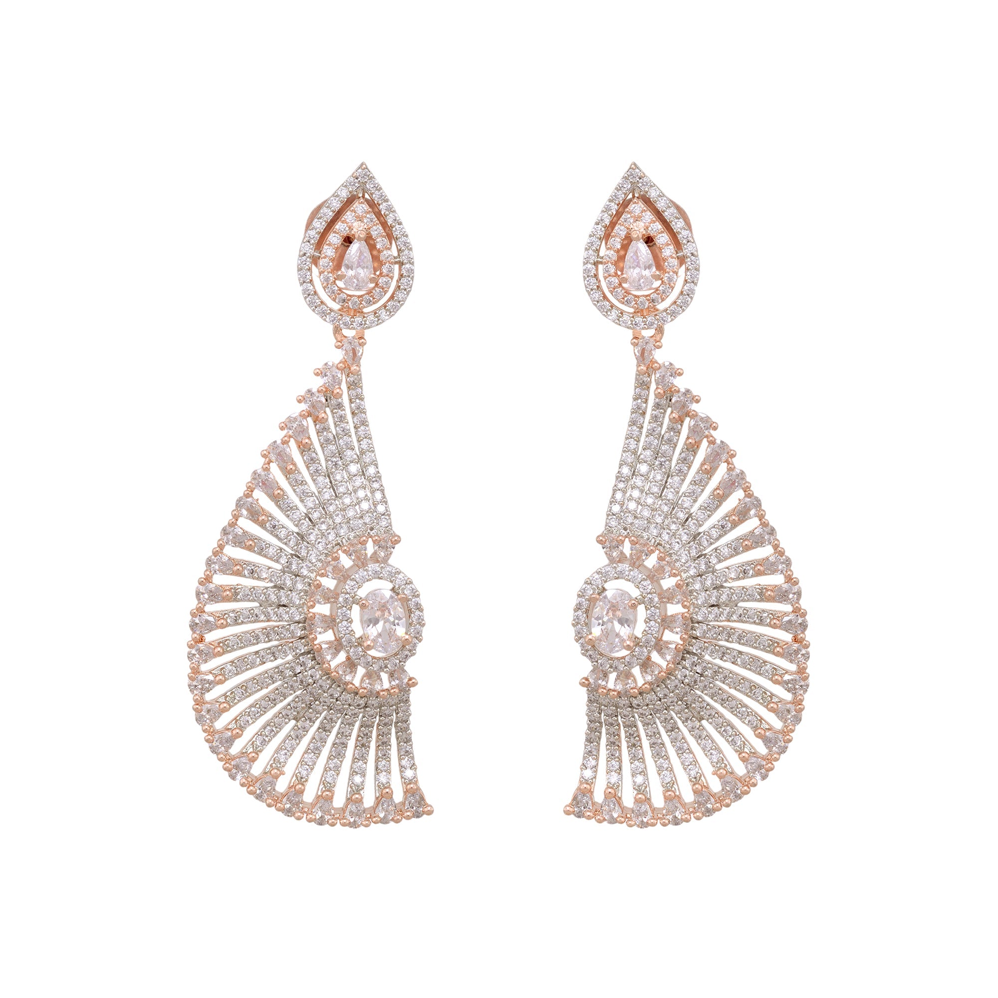 Semi-Circular Rose Gold Plated American Diamond Studded Drop Earrings for Women and Girls