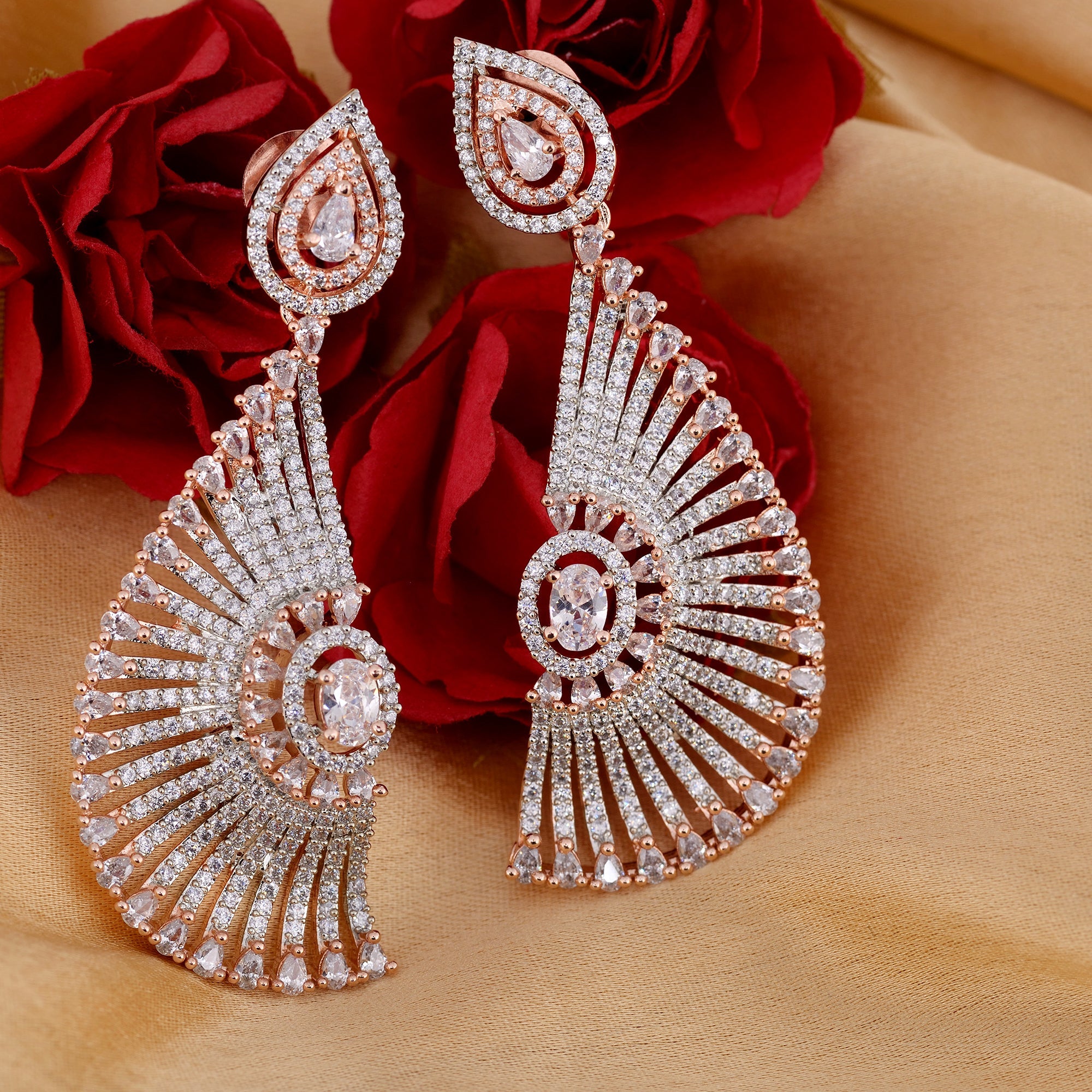 Semi-Circular Rose Gold Plated American Diamond Studded Drop Earrings for Women and Girls