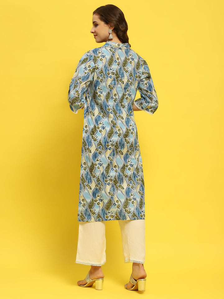 Women's Cotton Blue Floral Print Kurta With Comfort Pant