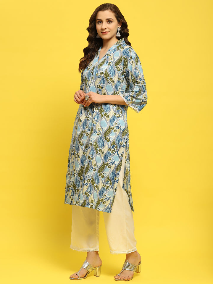 Women's Cotton Blue Floral Print Kurta With Comfort Pant