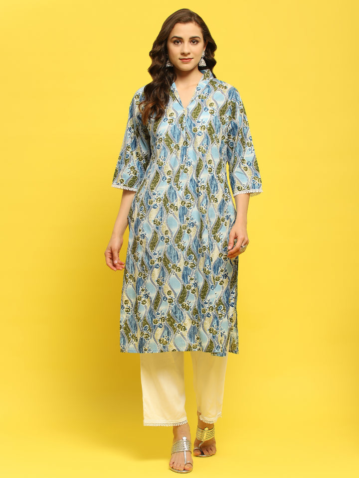 Women's Cotton Blue Floral Print Kurta With Comfort Pant