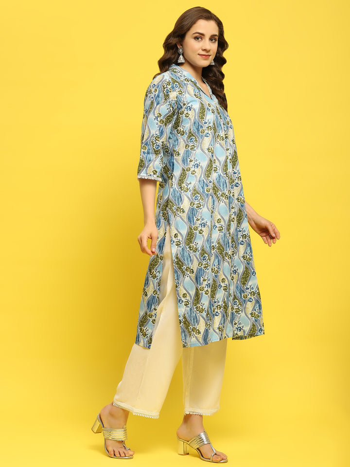 Women's Cotton Blue Floral Print Kurta With Comfort Pant