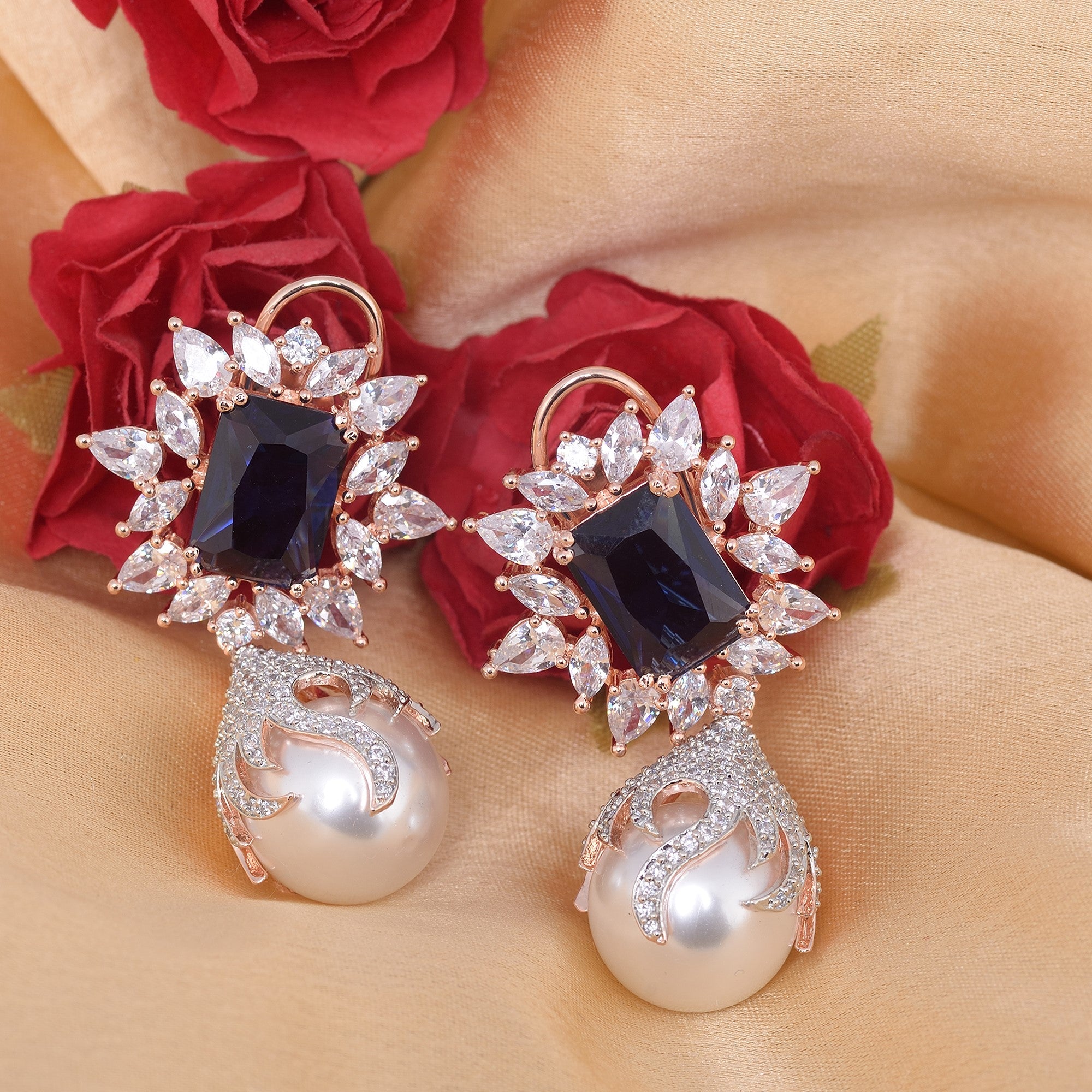 Royal Sapphire Pearl Studded Drop Earrings for Women and Girls