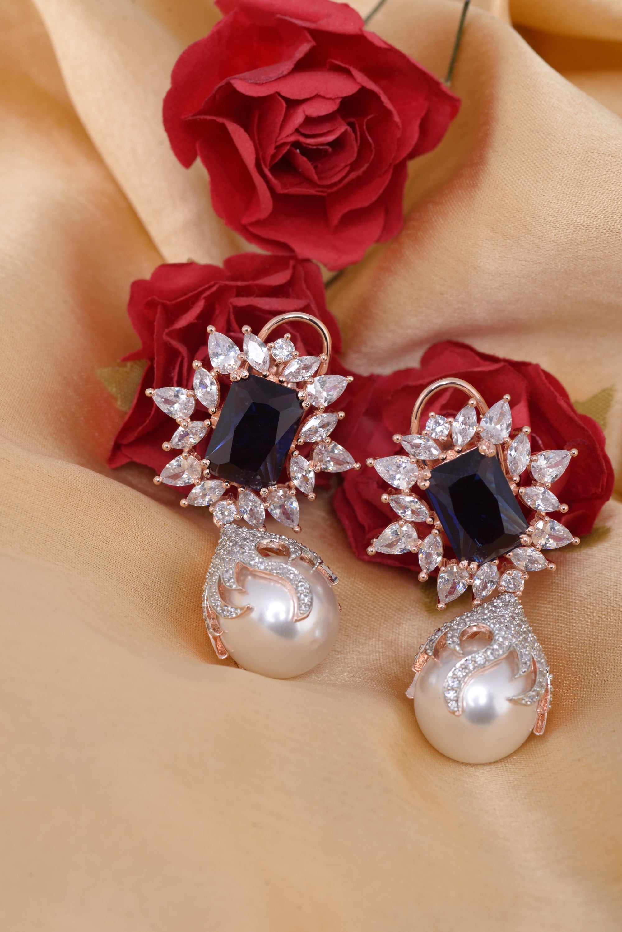 Royal Sapphire Pearl Studded Drop Earrings for Women and Girls