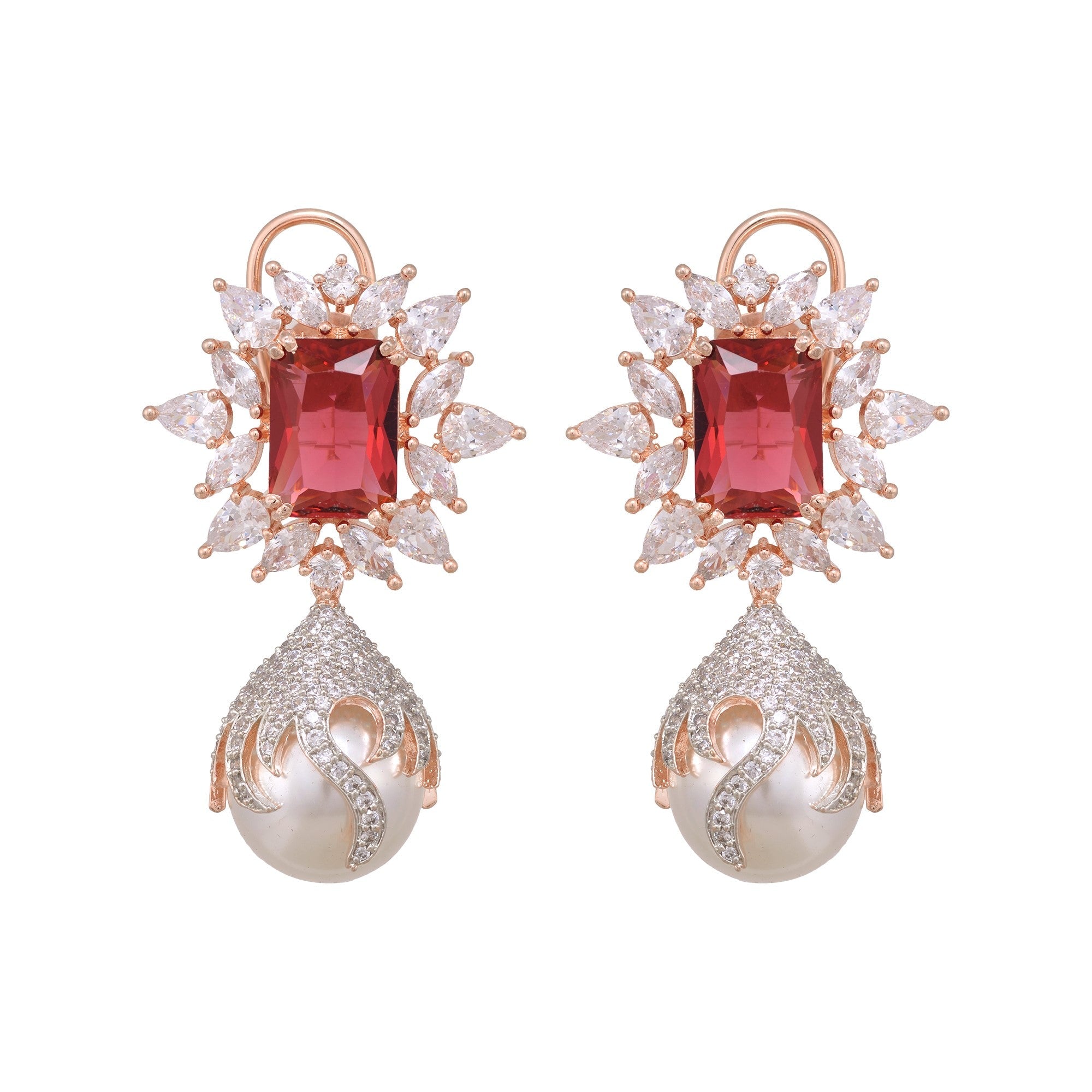 Royal Ruby Pearl Studded Drop Earrings for Women and Girls