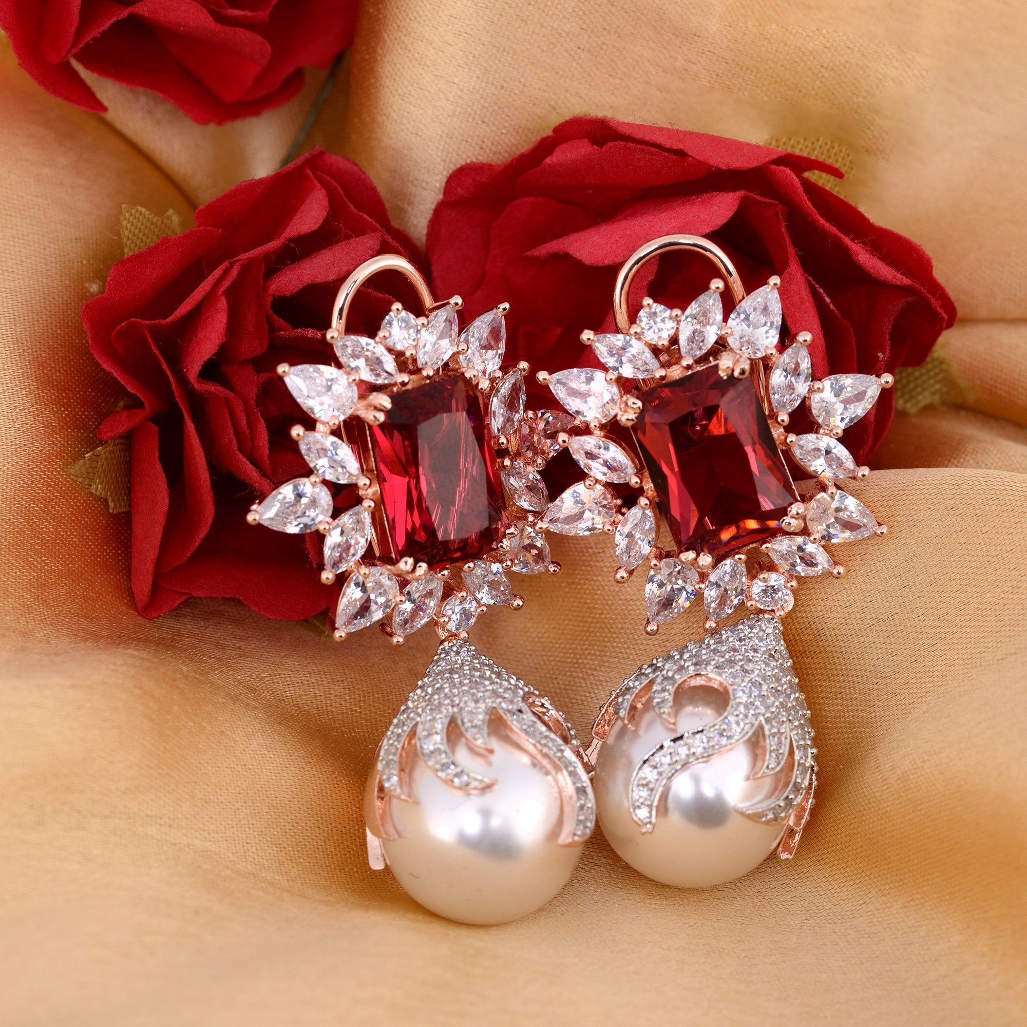 Royal Ruby Pearl Studded Drop Earrings for Women and Girls
