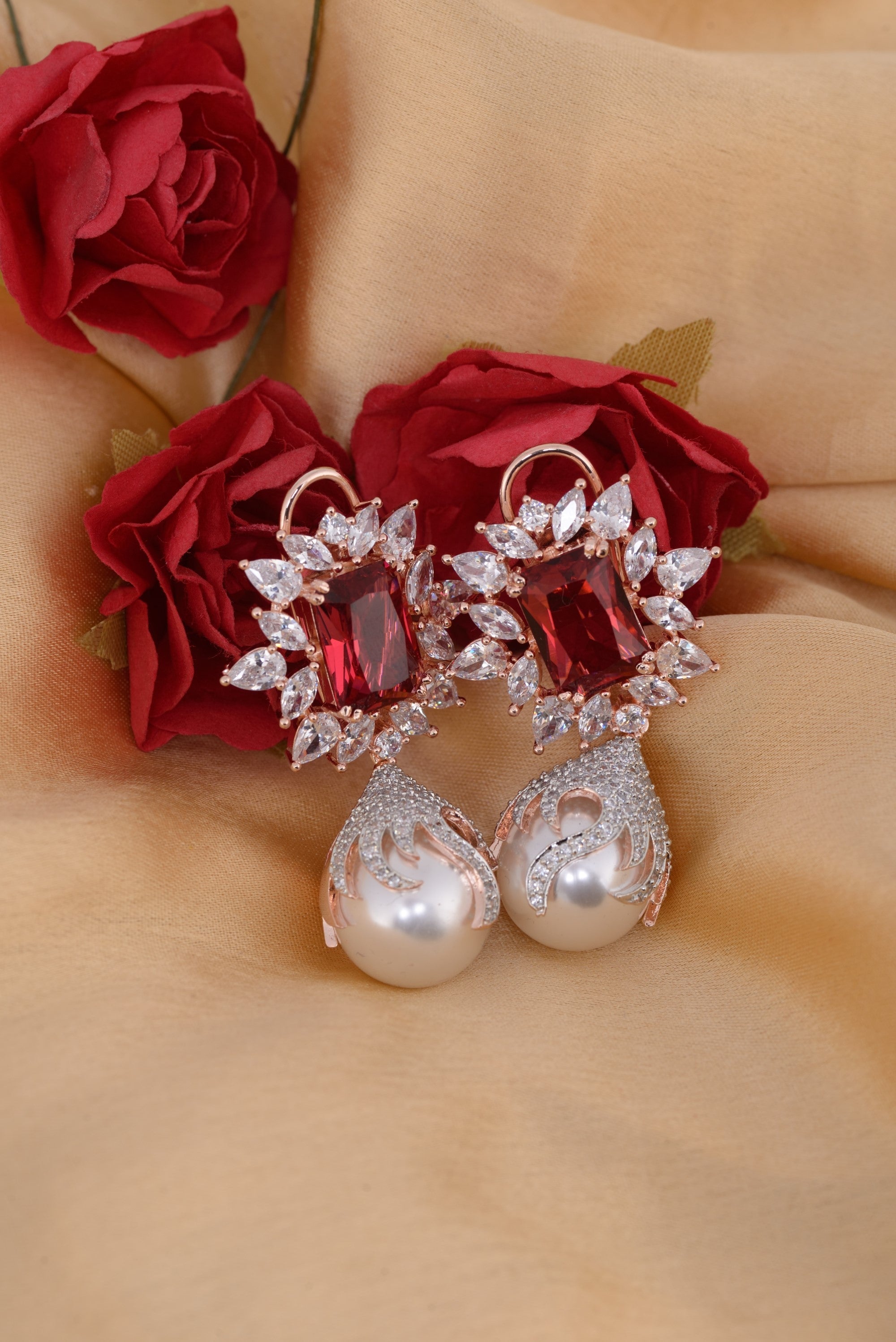 Royal Ruby Pearl Studded Drop Earrings for Women and Girls