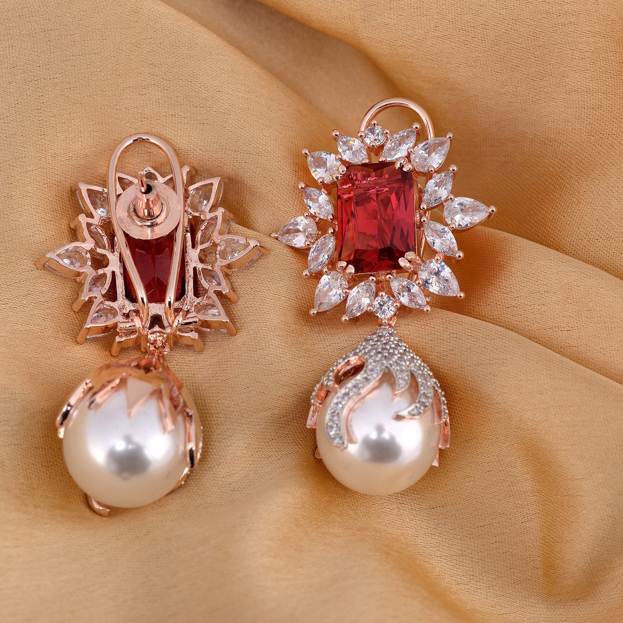 Royal Ruby Pearl Studded Drop Earrings for Women and Girls