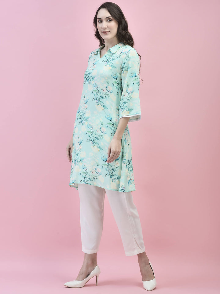 Women's Liva (Rayon) Blue Floral Print Kurta