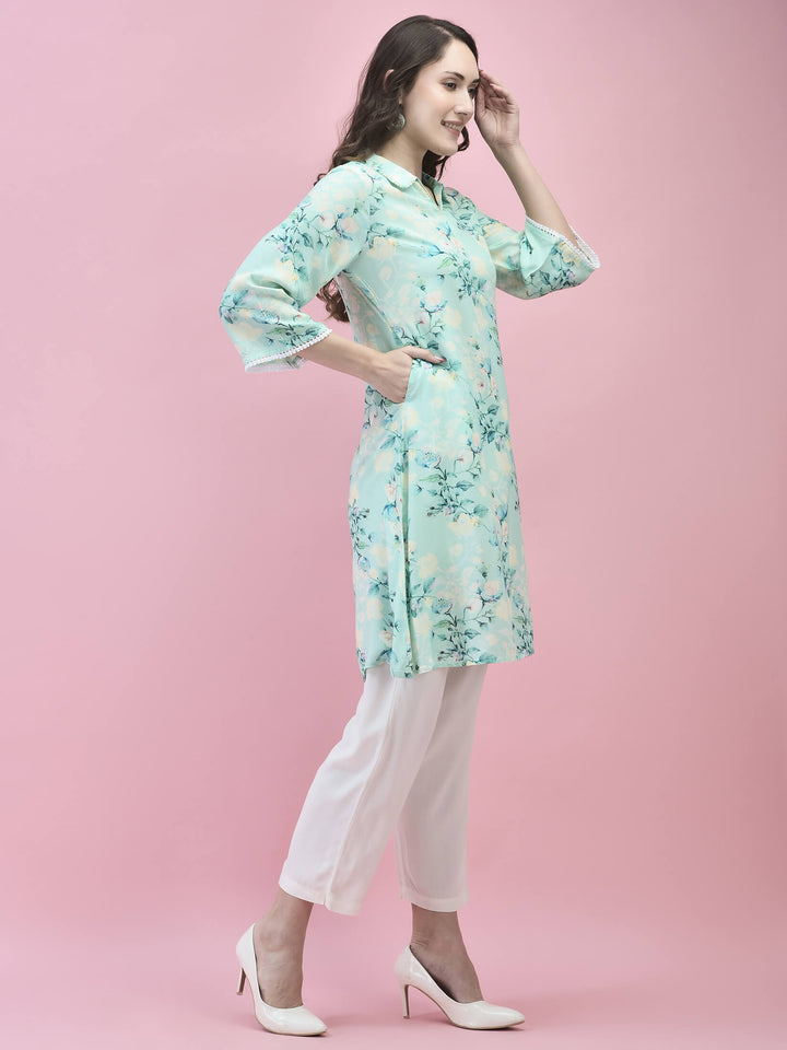 Women's Liva (Rayon) Blue Floral Print Kurta