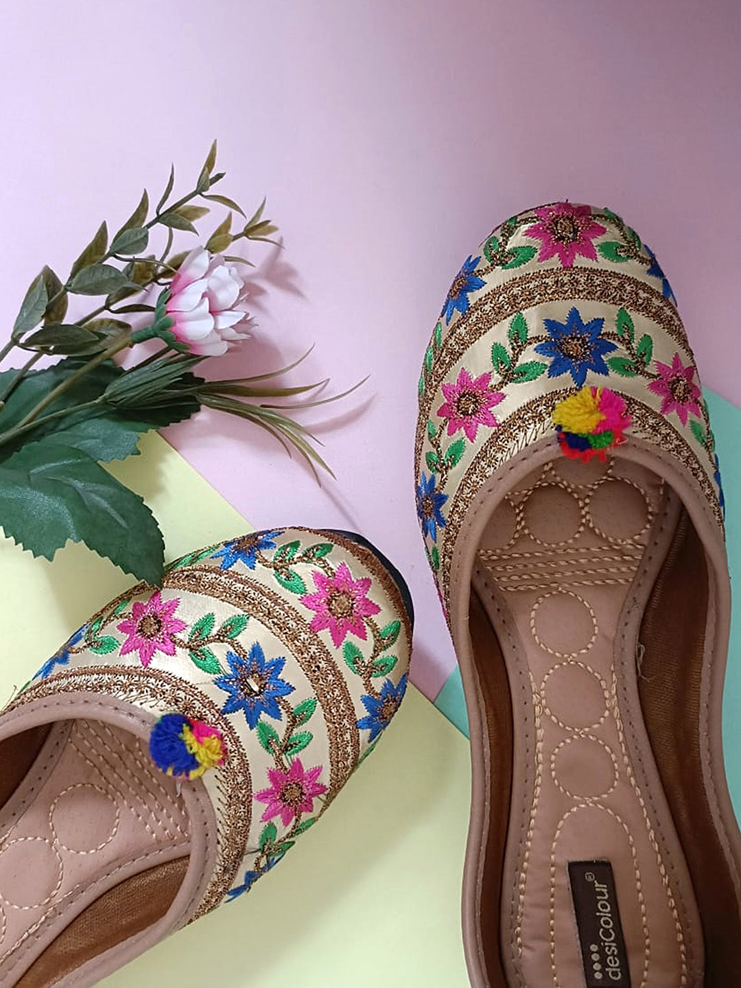 Women's Floral Gold Womens Indian Ethnic Comfort Footwear