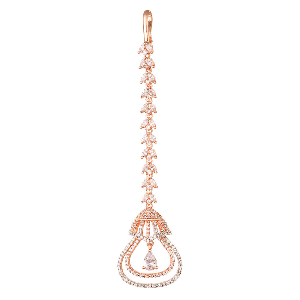 Women's Rose Gold plated AD studded Bell shaped Handcrafted Maang Tika