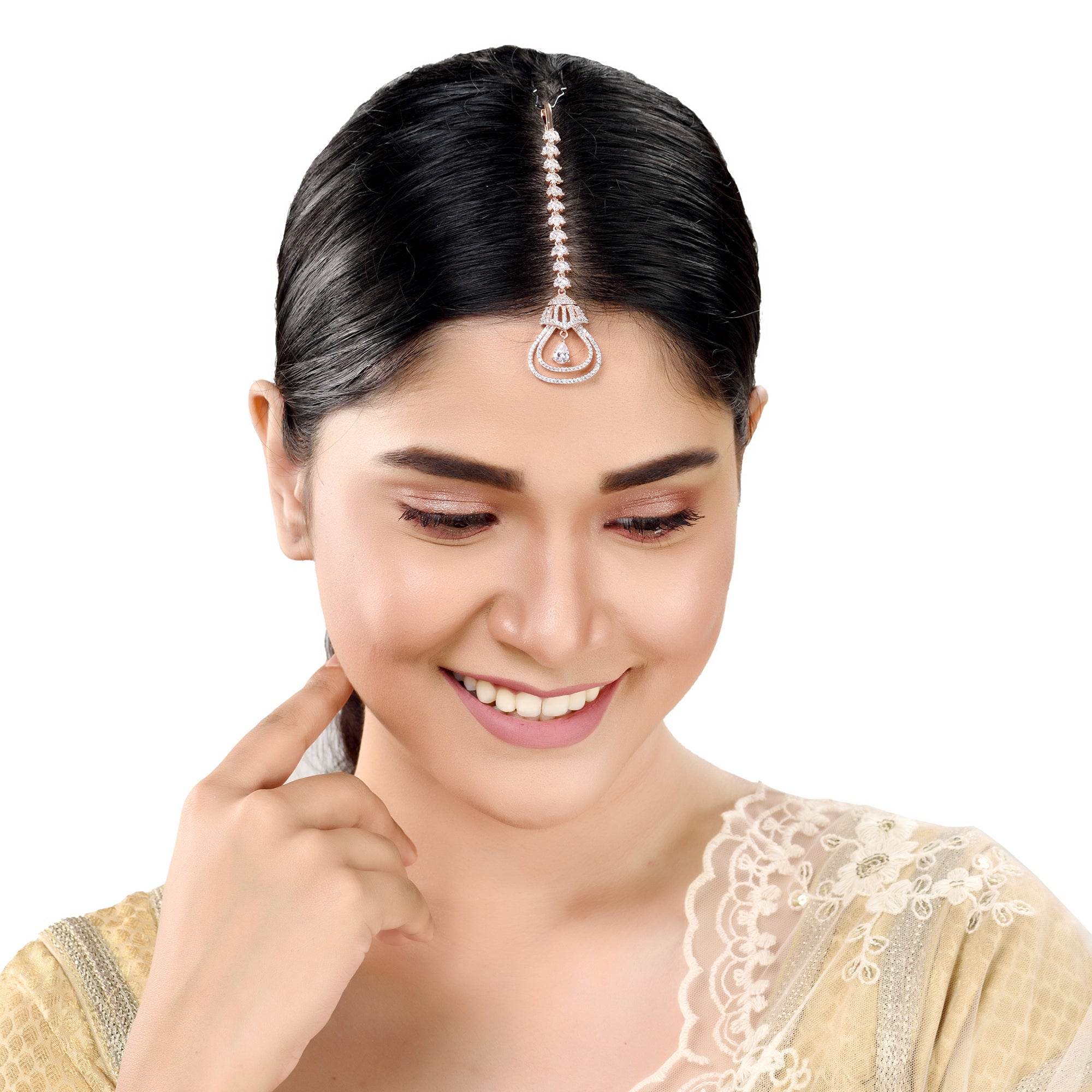 Women's Rose Gold plated AD studded Bell shaped Handcrafted Maang Tika