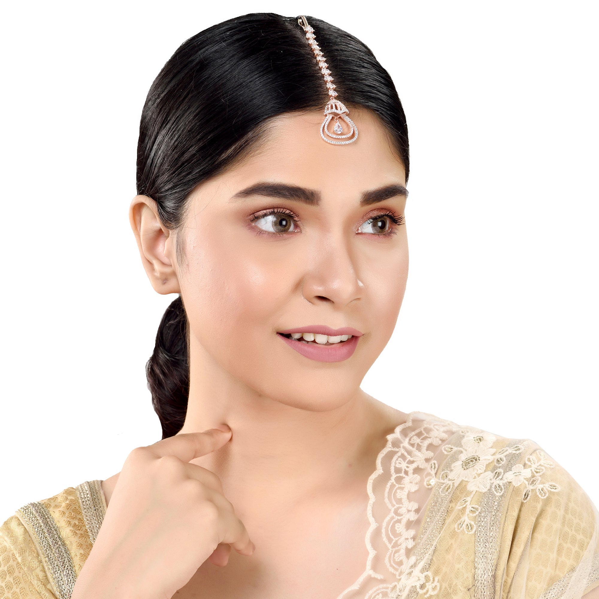 Women's Rose Gold plated AD studded Bell shaped Handcrafted Maang Tika