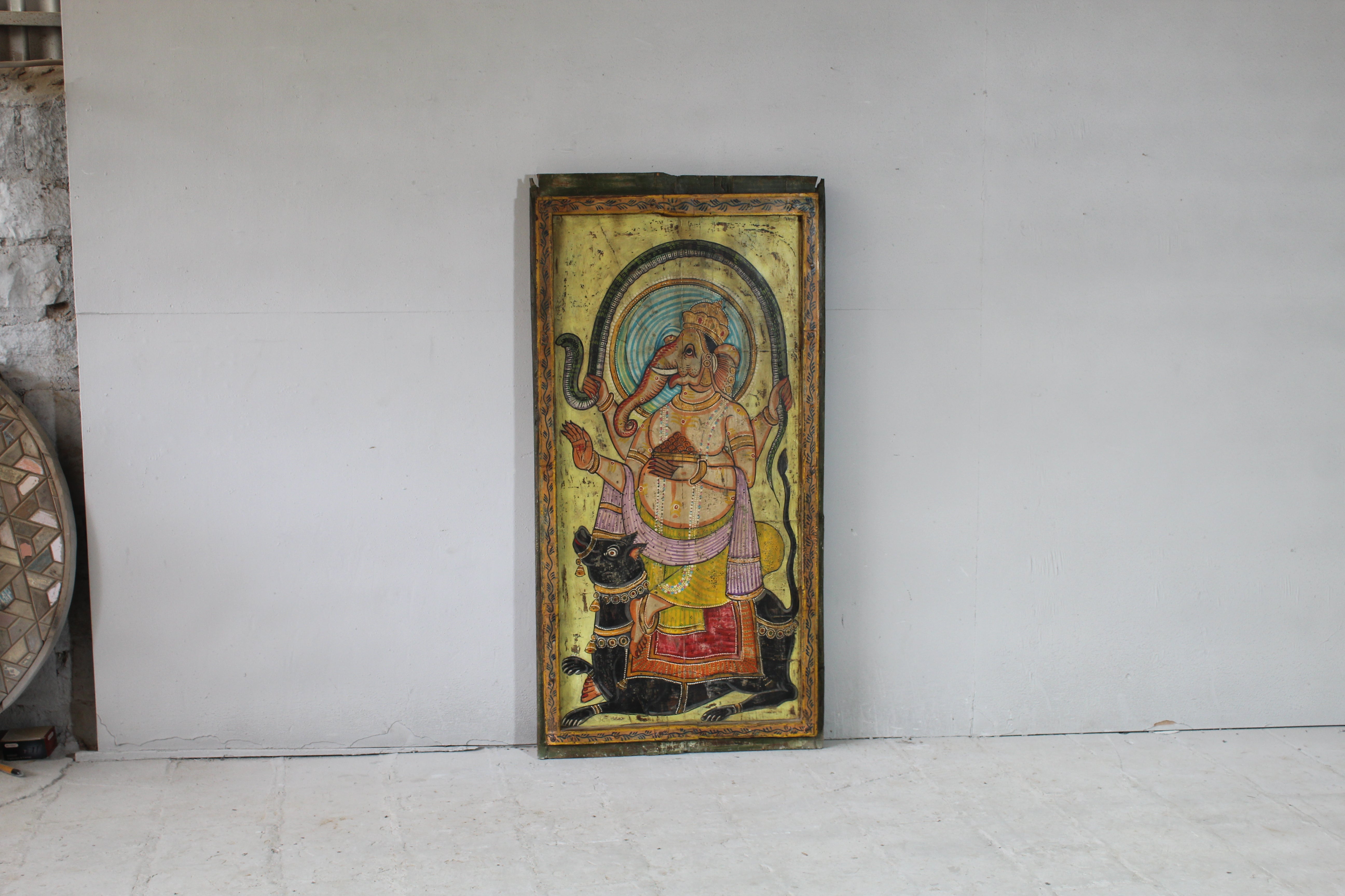 Tall Lord Ganesha Hand-Painted Wooden Panel