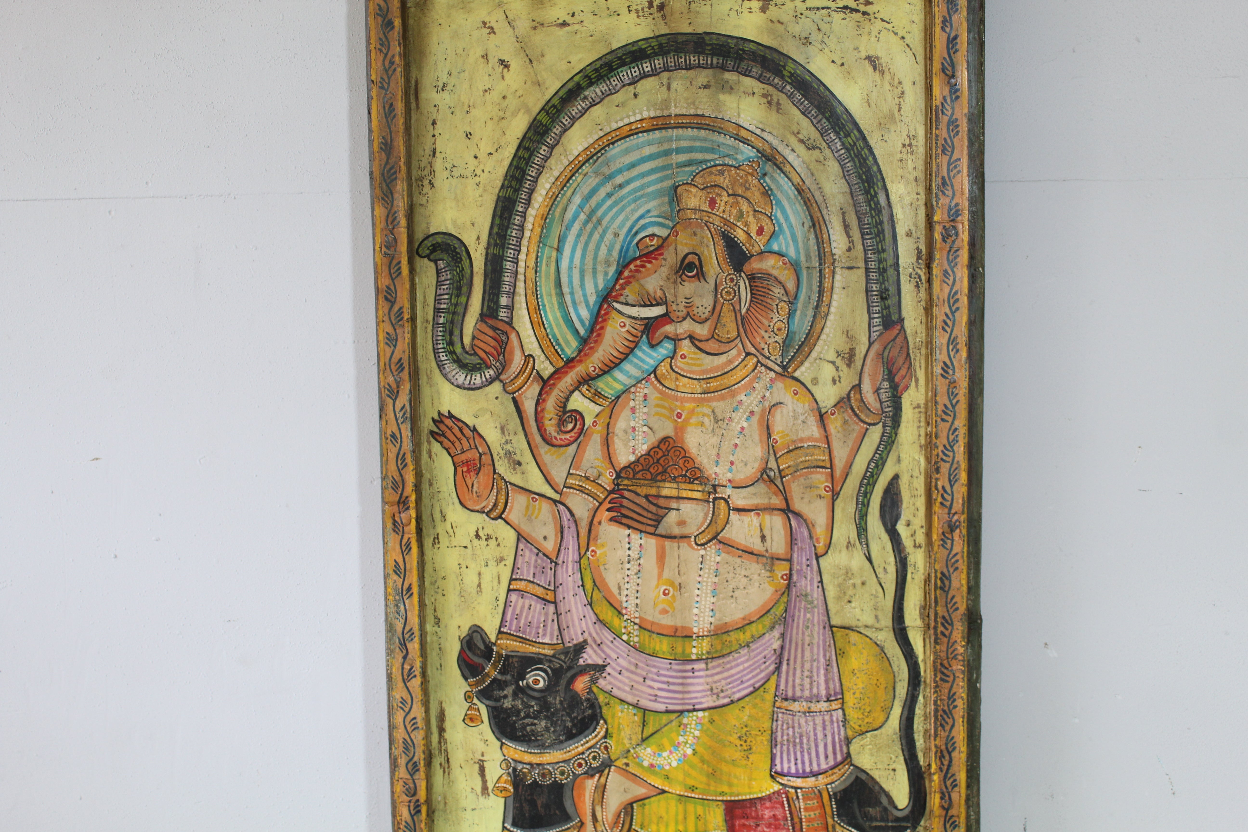 Tall Lord Ganesha Hand-Painted Wooden Panel