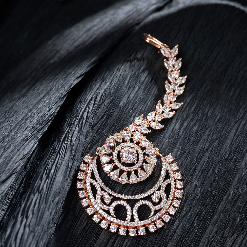 Women's Rose Gold plated AD studded Half Moon shaped Handcrafted Maang Tika