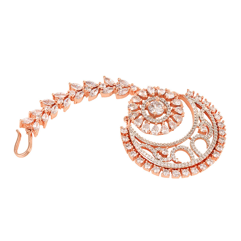 Women's Rose Gold plated AD studded Half Moon shaped Handcrafted Maang Tika