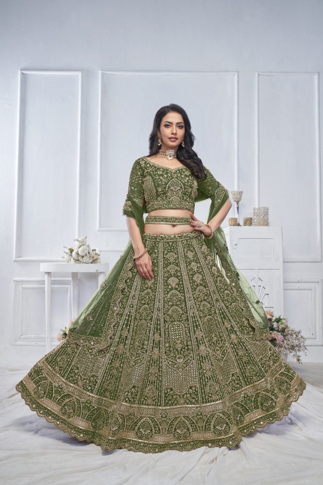 Women's Green Soft Net Motifs Lehenga Set - Kesar Fab