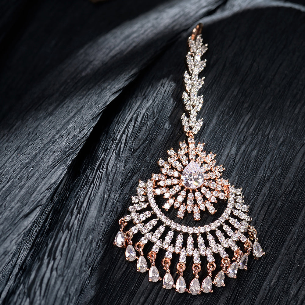 Women's Rose Gold plated  AD studded Chandballi design Handcrafted Maang Tika