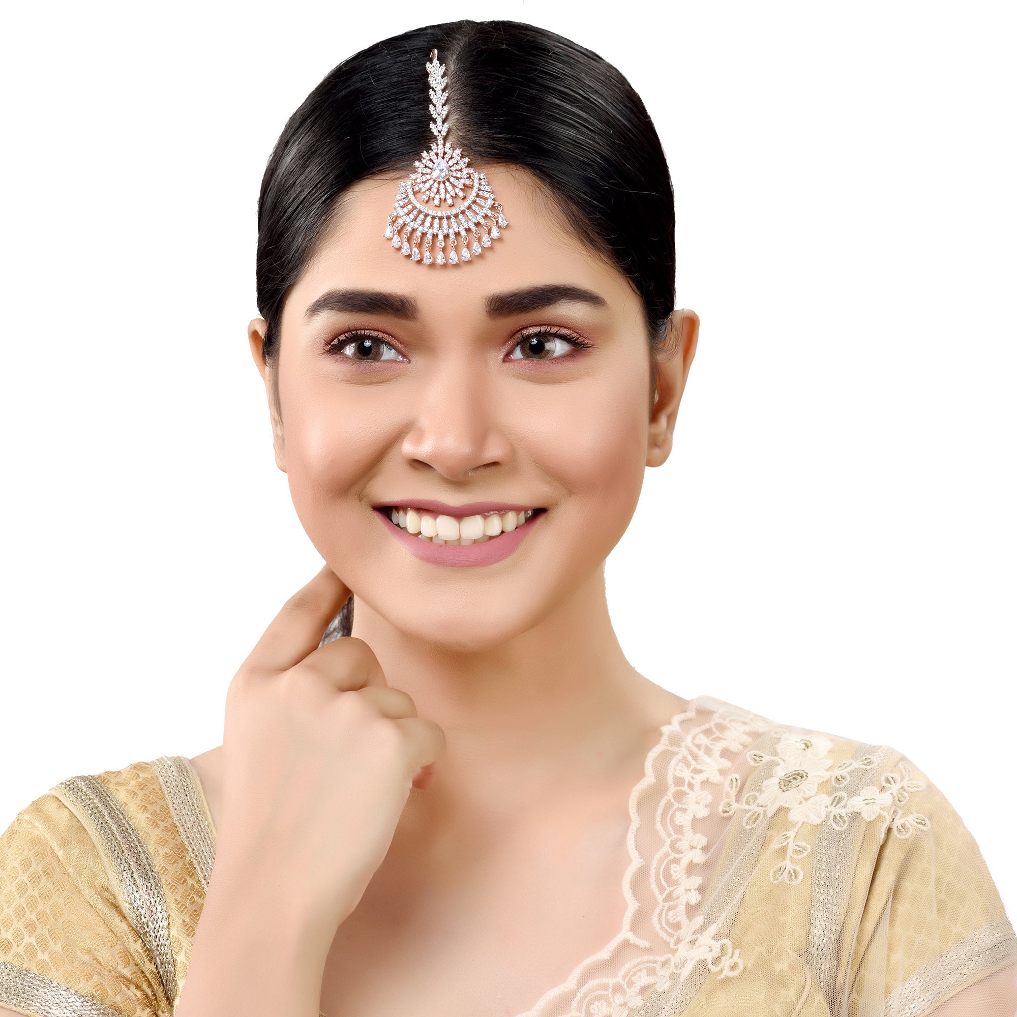 Women's Rose Gold plated  AD studded Chandballi design Handcrafted Maang Tika
