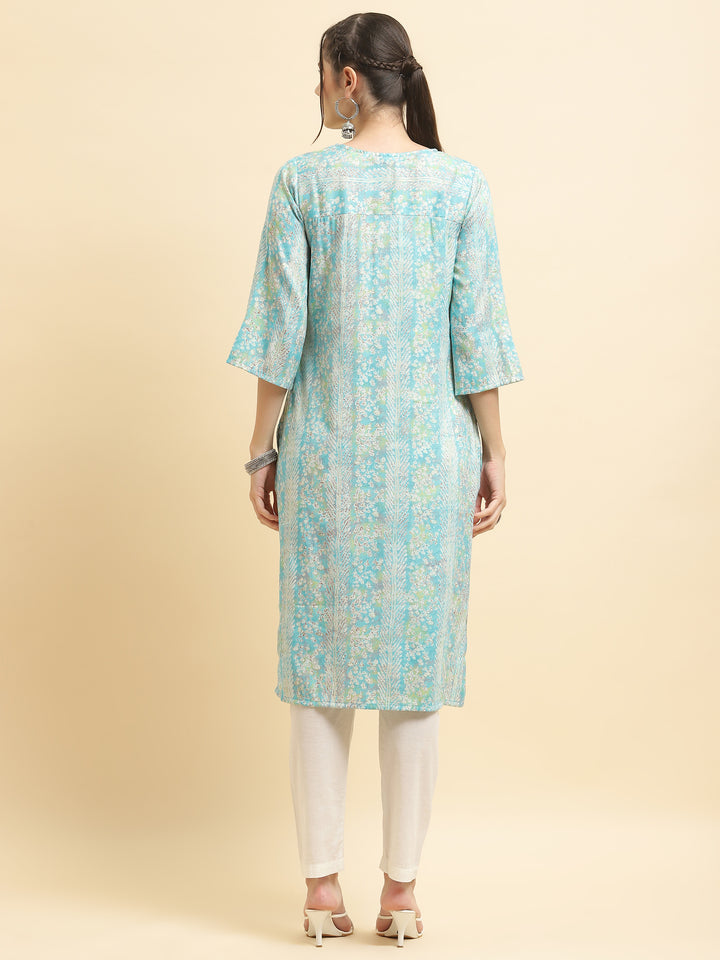 Women's Liva (Rayon) Blue Floral Print Kurta