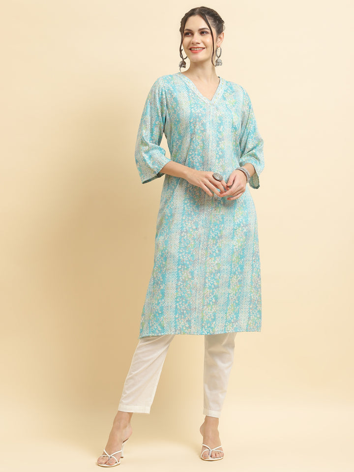Women's Liva (Rayon) Blue Floral Print Kurta