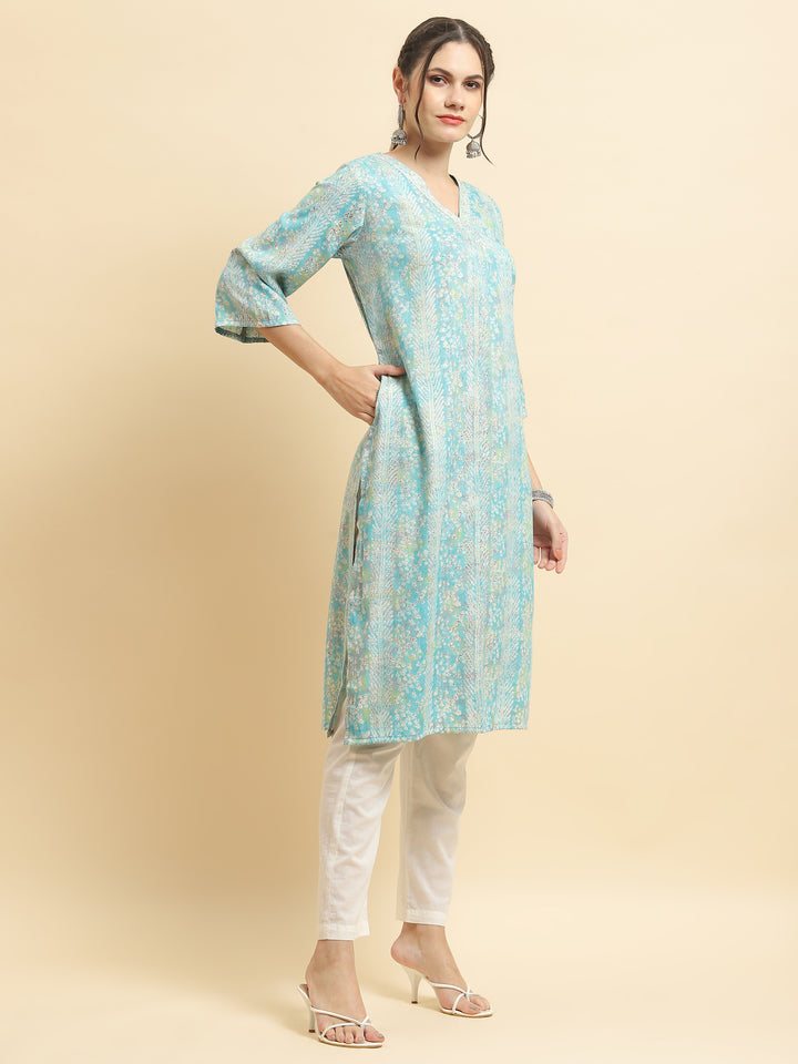 Women's Liva (Rayon) Blue Floral Print Kurta