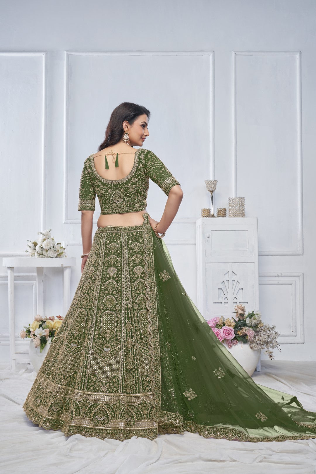 Women's Green Soft Net Motifs Lehenga Set - Kesar Fab