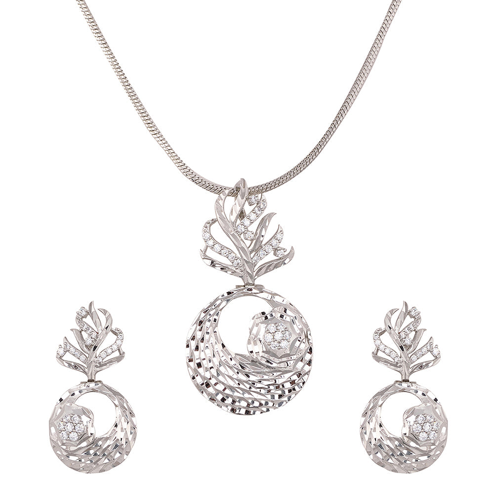 Women's Silver Toned White Ad Embellished Designer Pendant Jewellery Set