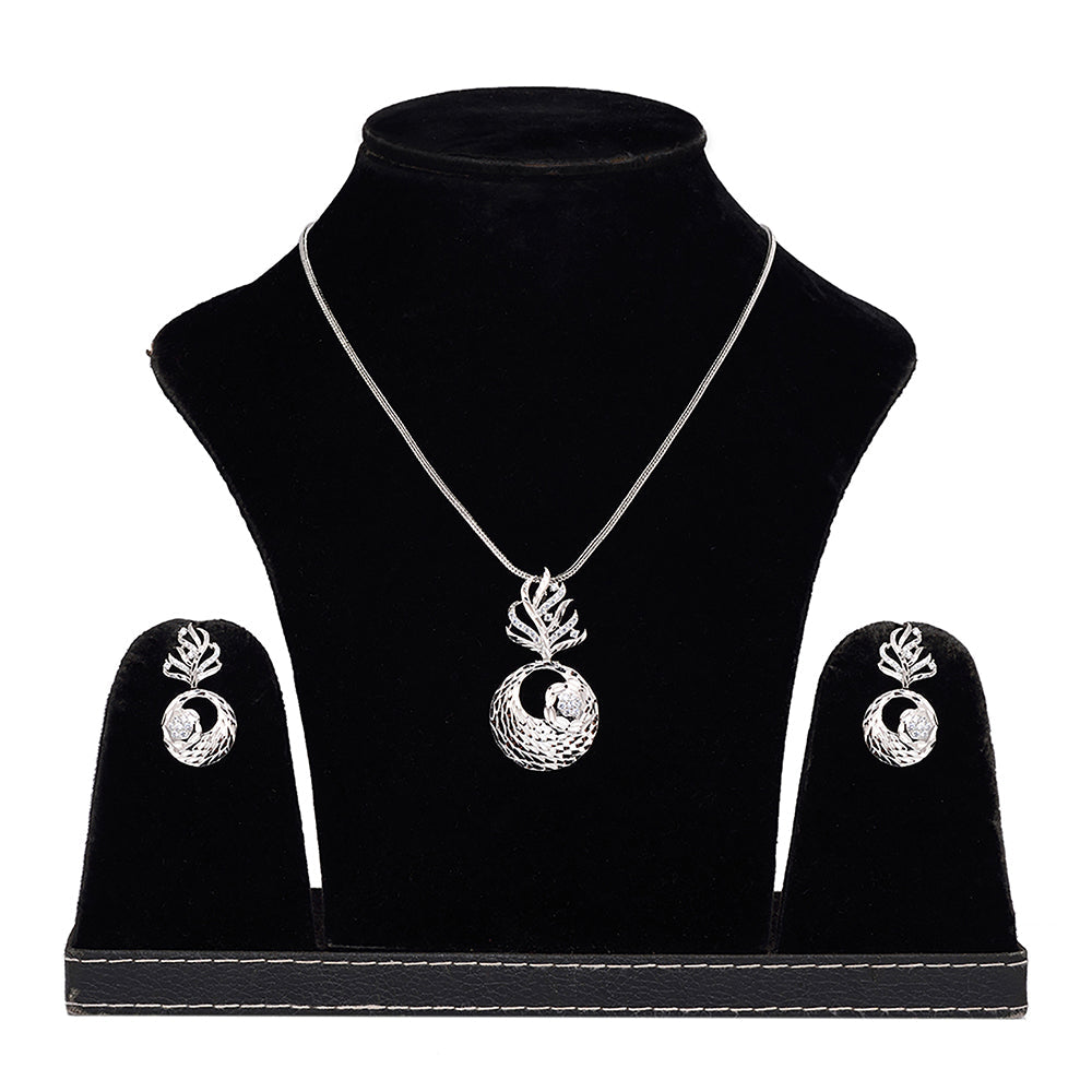 Women's Silver Toned White Ad Embellished Designer Pendant Jewellery Set