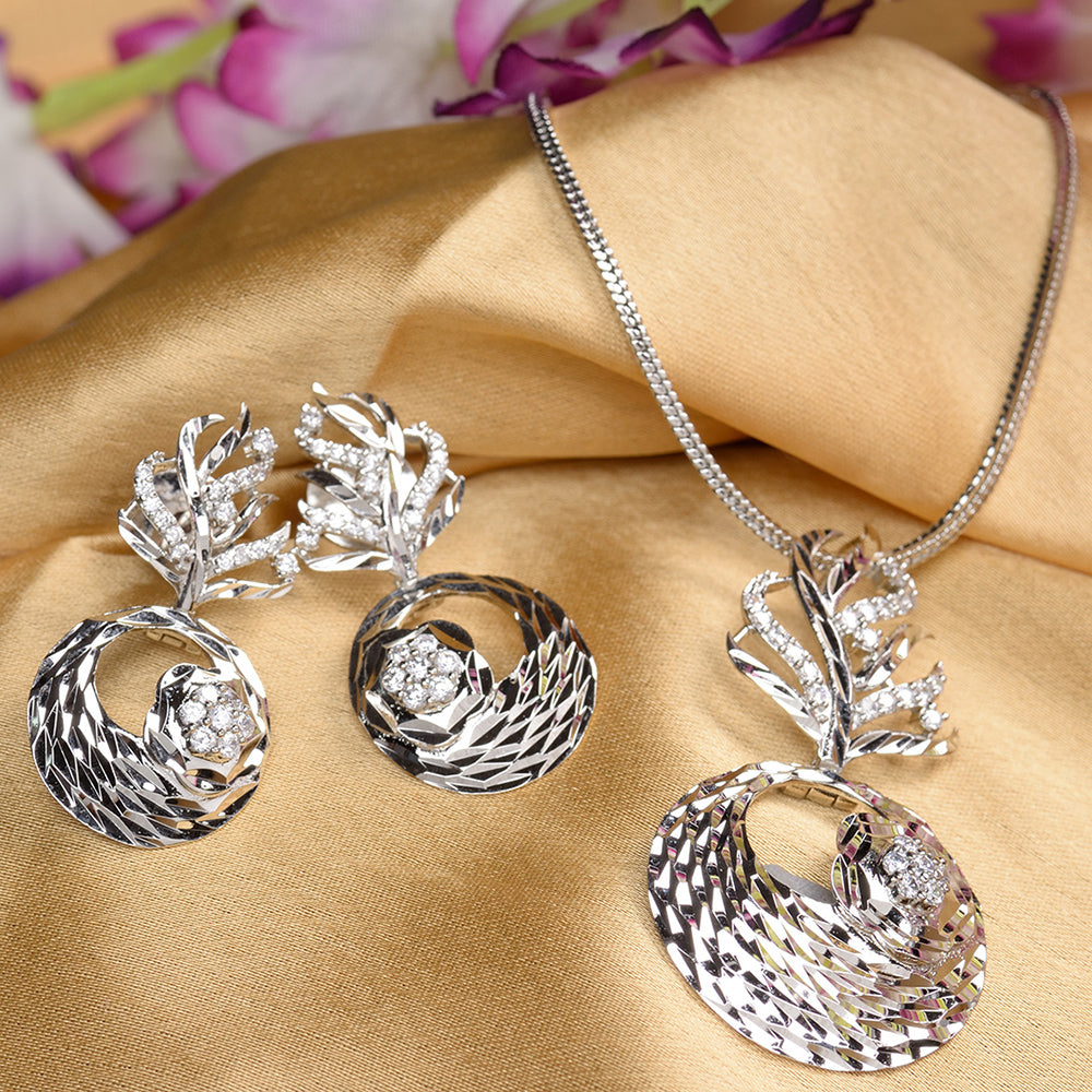Women's Silver Toned White Ad Embellished Designer Pendant Jewellery Set