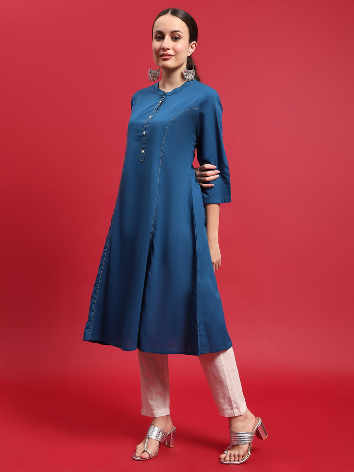 Women's Cotton Blue Solid Kurta