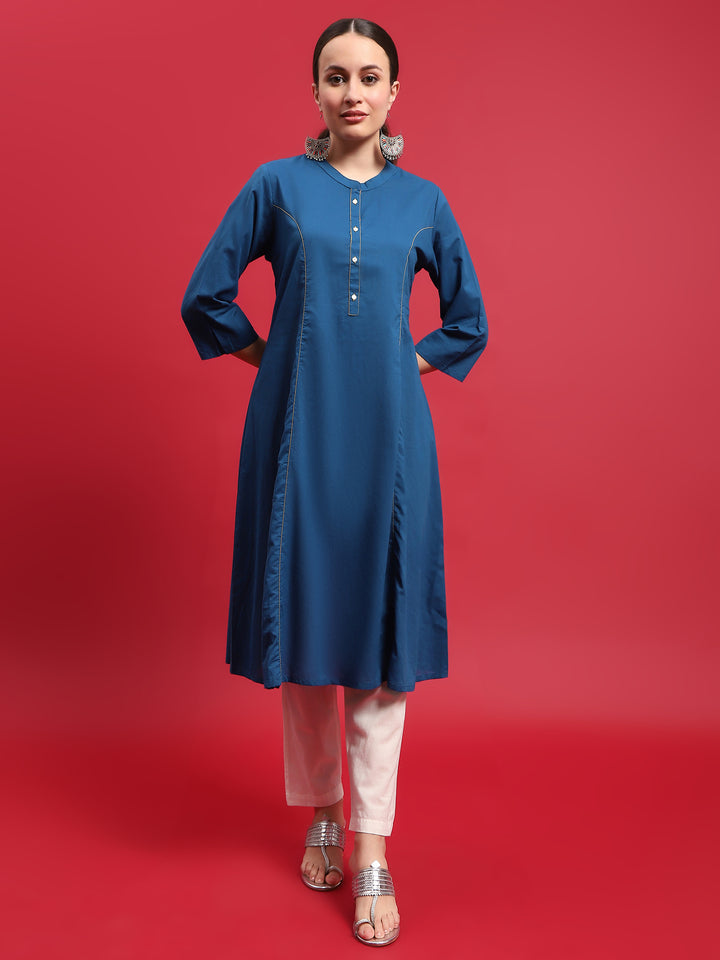 Women's Cotton Blue Solid Kurta